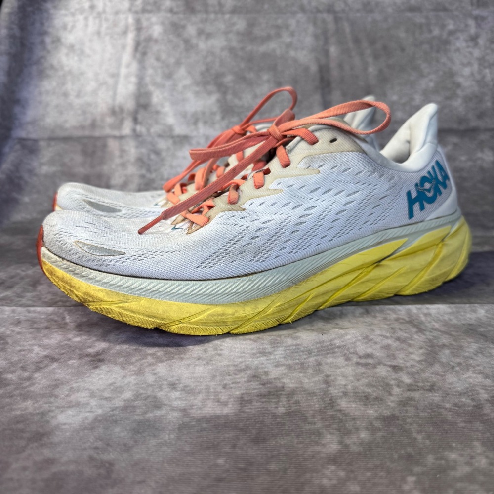 Hoka Clifton 8 Mens 11D Road Running Shoes White Yellow Coral Teal Sneaker